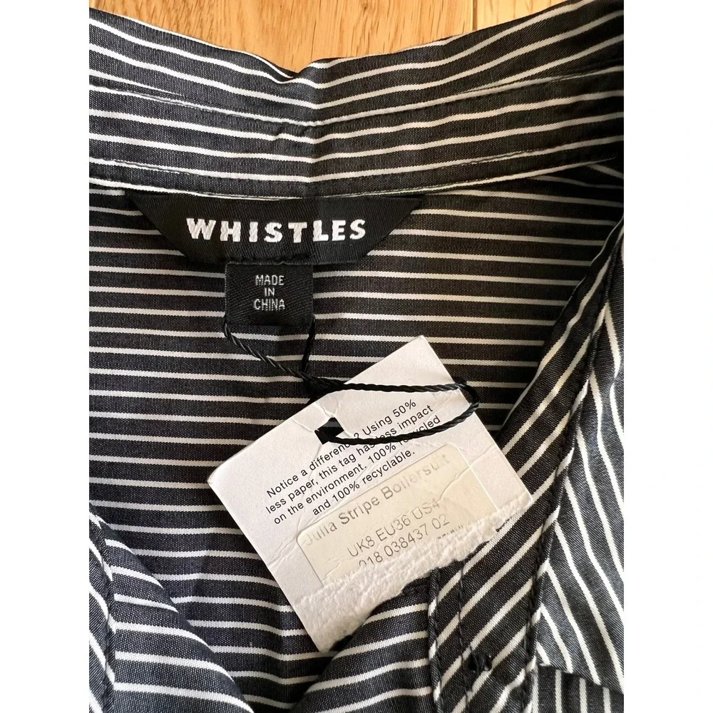 NEW Whistles Black Julia Stripe Boilersuit Jumpsuit Organic Cotton Womens Size 4